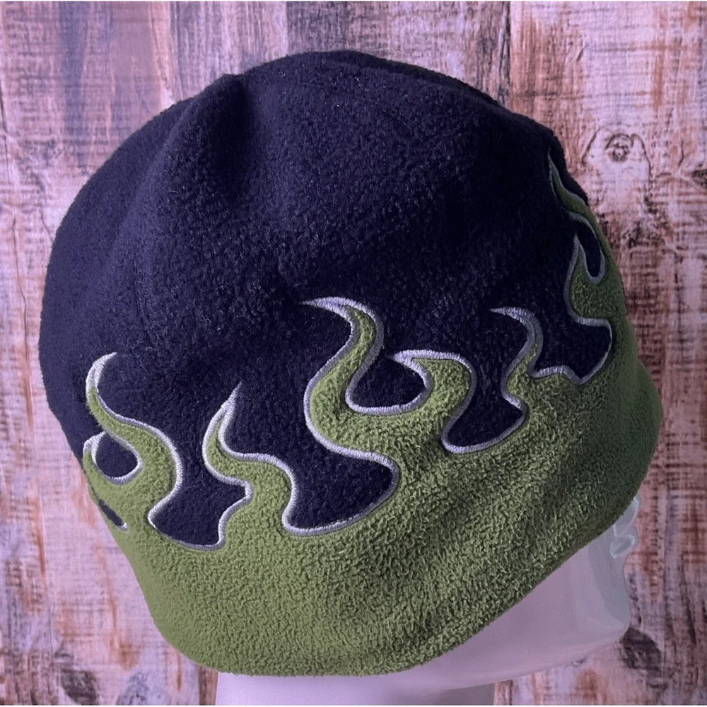 LL Bean Beanie Boys Large Green/Black Fleece Flame Print